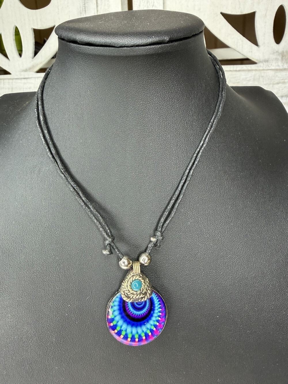 Artisan Psychedelic Necklace Leather Cord Unique Hippie Colorful Pendant